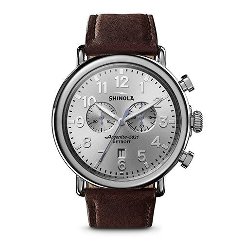 Mens' Runwell Chrono Brown Grizzly Leather Strap Watch, Silver Dial