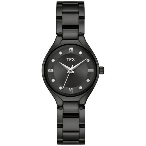 TFX Ladies' Black IP Stainless Steel Watch w/ Crystal Markers, Black Dial