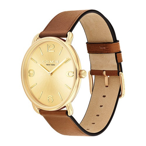 Mens' Elliot Gold & Brown Leather Strap Watch, Gold Dial