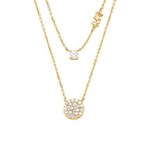 Precious Metal Sterling Silver Pave Disc Layer Necklace 14K Gold Plated