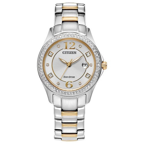Ladies' Silhouette Crystal Eco-Drive Two-Tone Stainless Steel Watch, Silver Dial