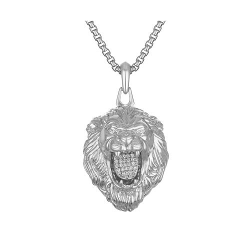 Marc Anthony Sterling Silver & White Diamond Large Lion Head Necklace 24"-26"