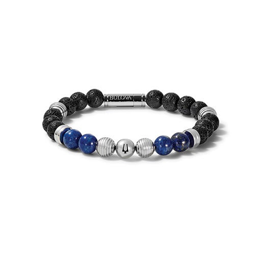 Mens Classic Black Lava and Lapis Bead Bracelet - Medium