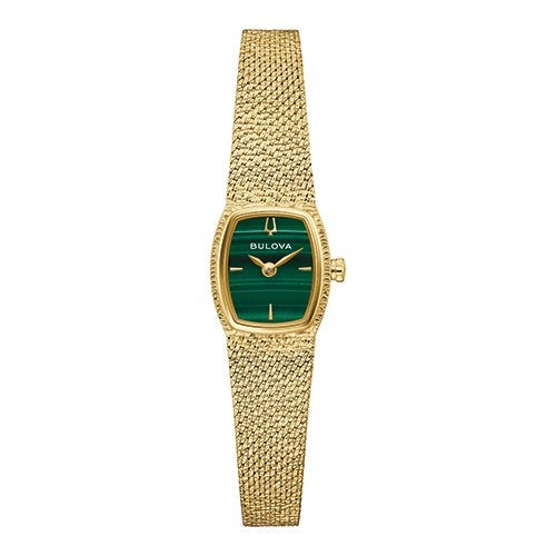 Ladies Goddess of Time Gold-Tone Stainless Steel Mesh Bracelet Malachite Dial