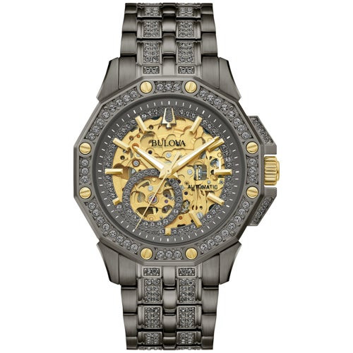 Mens Octava Crystal Automatic Gray Stainless Steel Watch Gold Dial