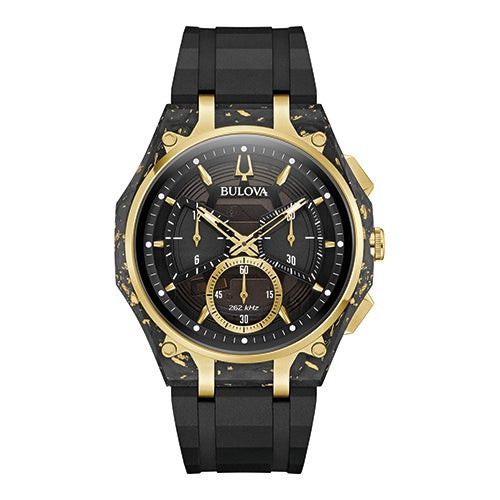 Mens HPQ CURV Forged Carbon Gold & Black HNBR Strap Watch Black Dial