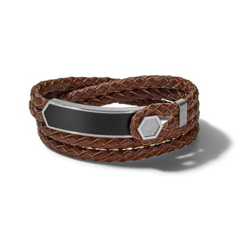 Precisionist Braided Brown Leather & Epoxy Plaque Double Wrap Bracelet - Medium
