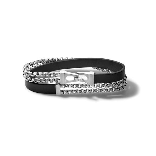 Classic Black Leather & SS Box Link Chain Double Wrap Bracelet - Large