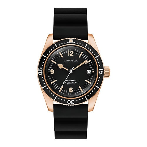Mens Sea Hunter Automatic Rose Gold & Black Rubber Strap Watch Black Dial