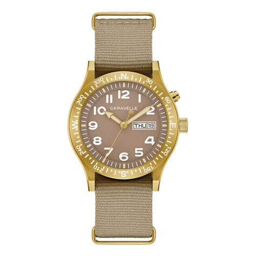 Mens Field Light Up Gold & Tan Nylon Strap Watch Taupe Dial