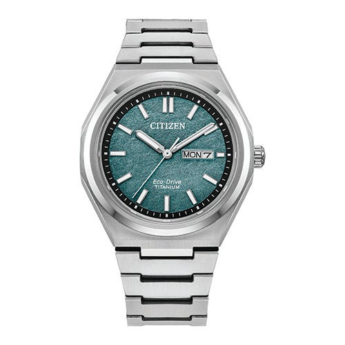 Mens Zenshin Super Titanium Eco-Drive Silver-Tone Watch Green Dial
