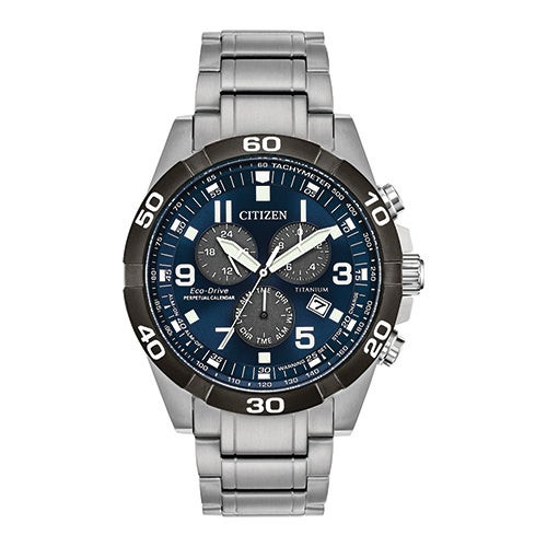 Mens Brycen Chrono Super Titanium Eco-Drive Silver-Tone SS Watch Midnight Dial