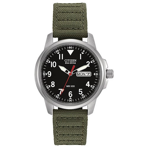 Mens Garrison Eco-Drive Green Nylon Strap Watch Black Dial