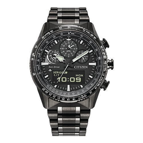 Mens Promaster Skyhawk U830 Chronograph Black-Tone SS Watch Black Dial
