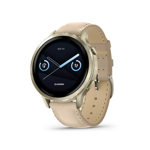 Venu 4 GPS Health & Fitness Smartwatch - 41mm Lunar Gold w/ Light Sand Leather Band