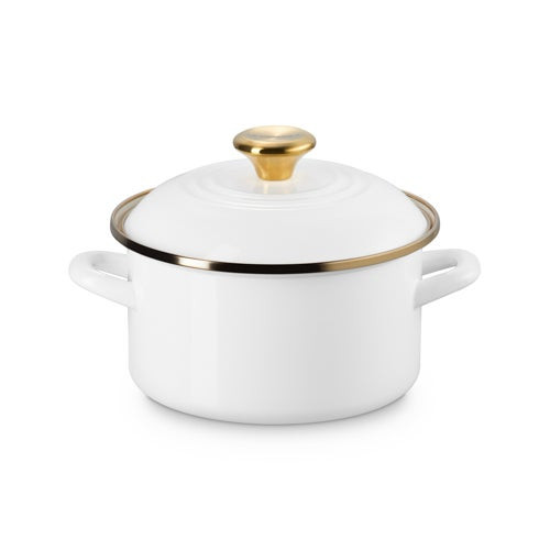3.8qt Enamel on Steel Covered Petite Stockpot w/ Gold Knob White