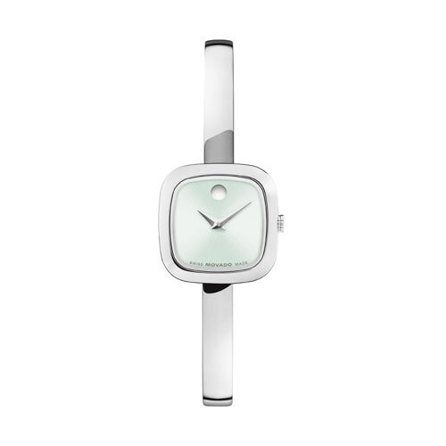 Ladies Museum Bangle Silver-Tone Stainless Steel Square Watch Light Green Dial