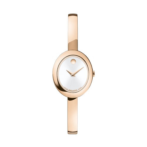 Ladies Museum Bangle Rose Gold-Tone Stainless Steel Oval Watch Silver Dial