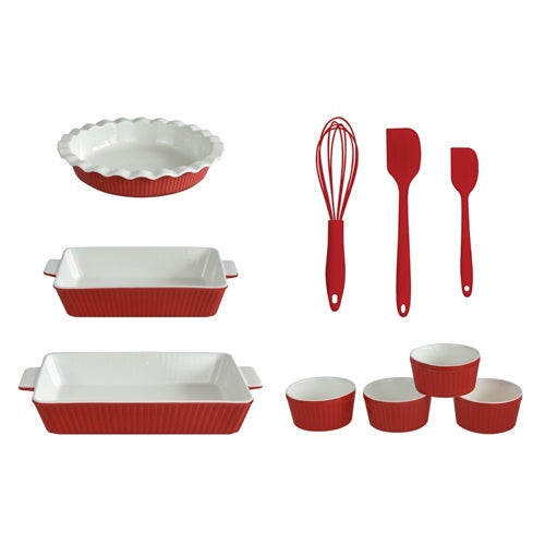 10pc Ceramic Stoneware Baking Set Holiday Red
