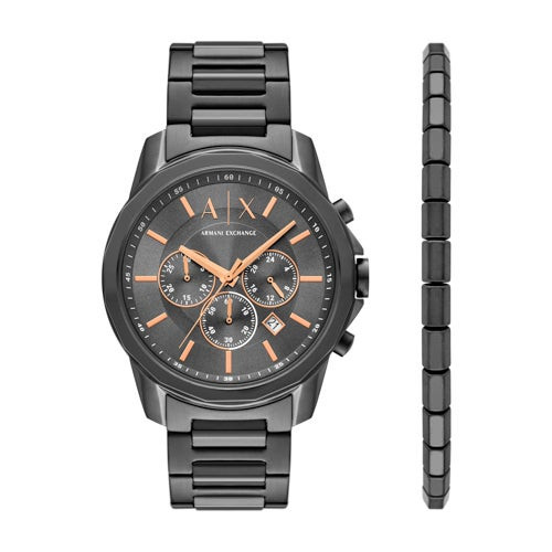 Mens Bank Chronograph Gunmetal Stainless Steel Watch & Bracelet Set