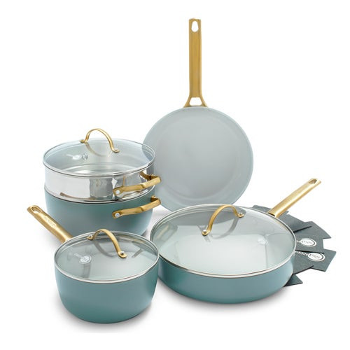 Reserve Ceramic Nonstick 8pc Cookware Set w/ 2 Pan Protectors Smoky Blue