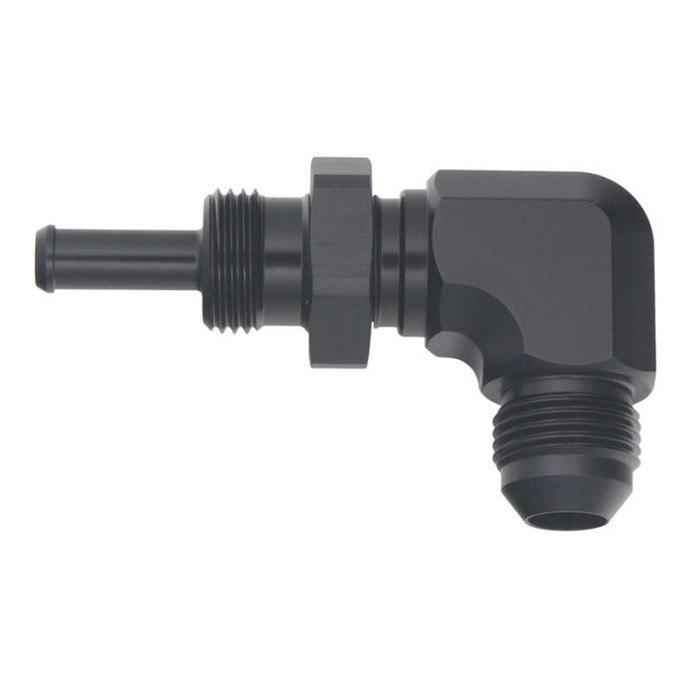 DeatschWerks 8AN Male Flare to 5/16in Male Barb Bulkhead Adapter 90-Degree - Anodized Matte Black - 6-02-0713-B Photo - Primary