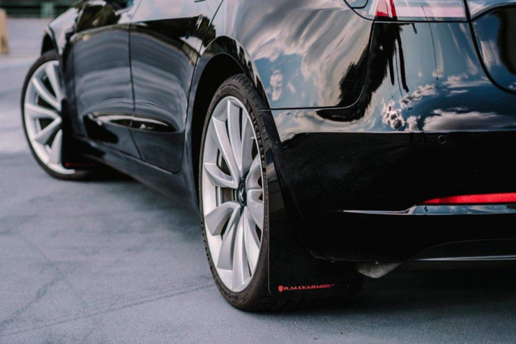 Rally Armor 17-22 Tesla Model 3 Black UR Mud Flap - Metallic Black Logo - MF62-UR-BLK/MBK User 1