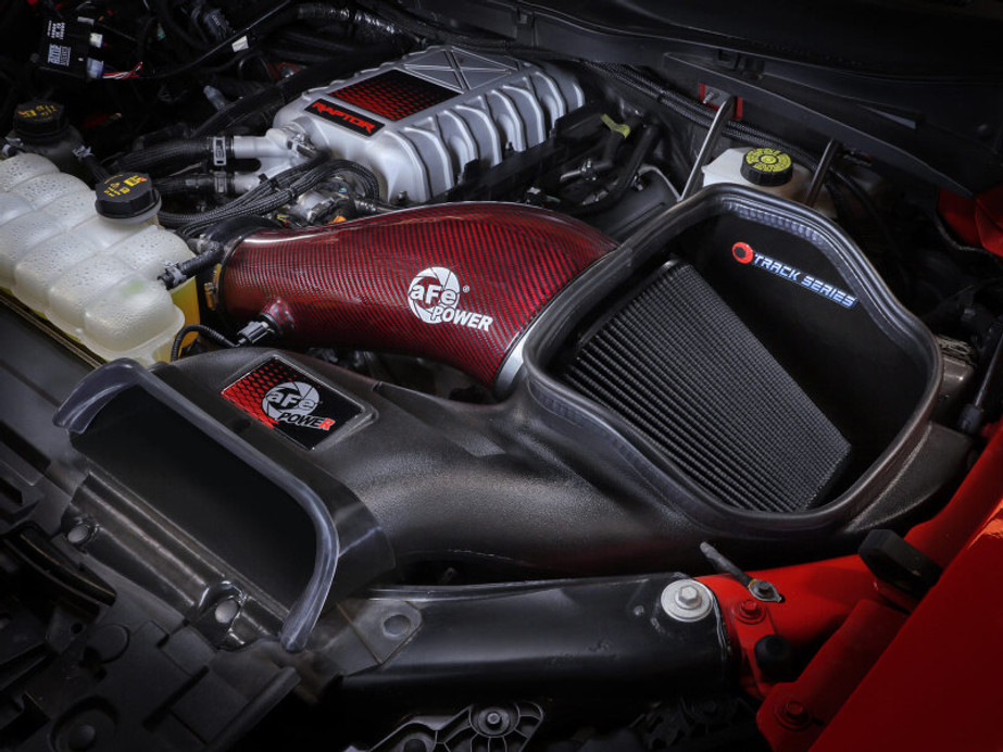 aFe 23-24 Ford F150 Raptor R V8 5.2L Supercharged Red Carbon Track Series Air Intake w/ P5R Filter - 57-10030KR Photo - Mounted
