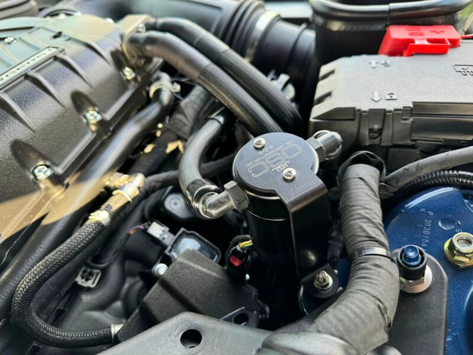 J&L 2024 Ford Mustang GT w/ Whipple Supercharger Oil Separator 3.0 PCV Side - Black Anodized - 3092P-B Photo - Mounted