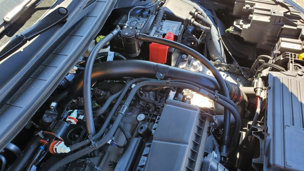 J&L 23-25 Ford Ecoboost 2.0 Oil Separator PCV Side - Black Anodized - 3056D-B Photo - Mounted