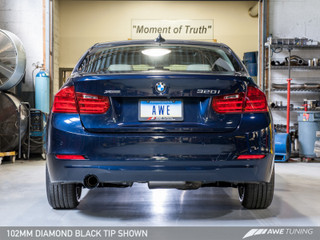 AWE Tuning 13-18 BMW 320i (F30) Touring Edition Exhaust w/ Perfomance Mid Pipe - Diamond Black Tips - 3015-23038 Photo - out of package