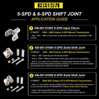Kartboy 04-21 Subaru STi 6-Speed Solid Shift Joint - KB-001-01005 Application Guide