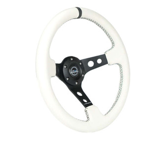 NRG Reinforced Steering Wheel (350mm/3in. Deep) White Leather w/Blk Spoke/Round Holes/White Stripes - RST-006BK-WT-B Photo - Close Up