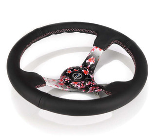 NRG Reinforced Steering Wheel (350mm/3in.) Hydro Dipped Sakura Floral w/ Pink Suede Black Stitch - RST-036SAK-R Photo - Close Up
