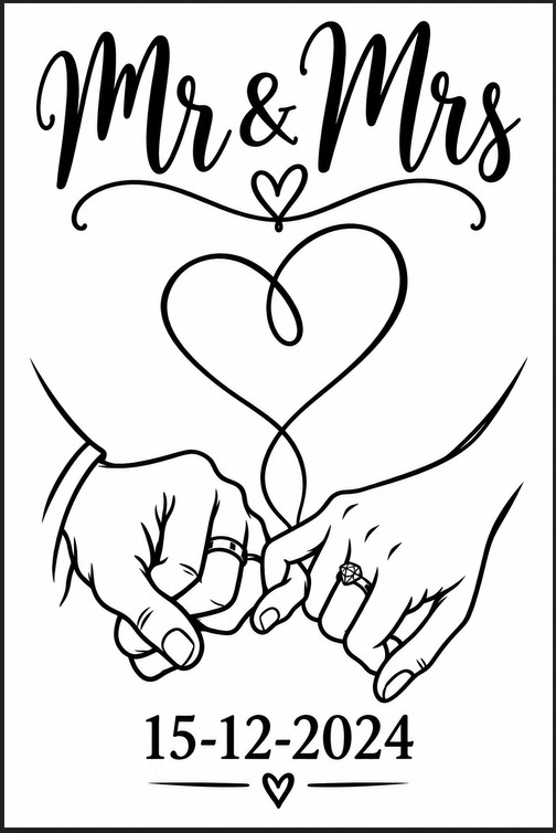 Black line drawing of two hands with wedding rings, a heart, the words Mr and Mrs, and the date 15-12-2024.