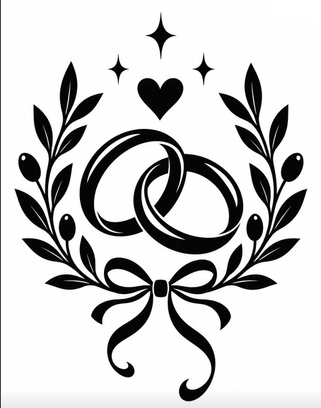 Black design of interlocking rings inside a wreath, with a bow, a heart, and sparkles.
