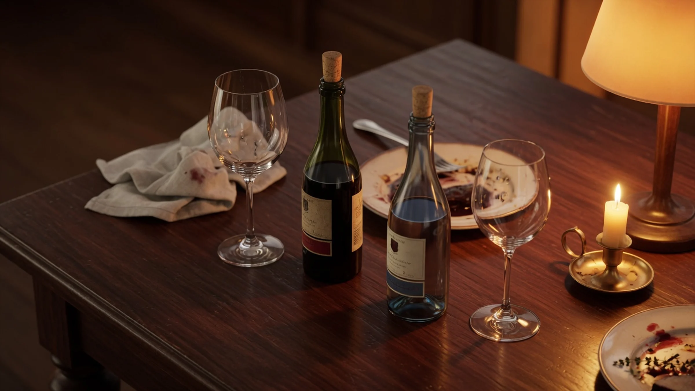 Two 375ml half bottles and wine glasses at an intimate dinner setting
