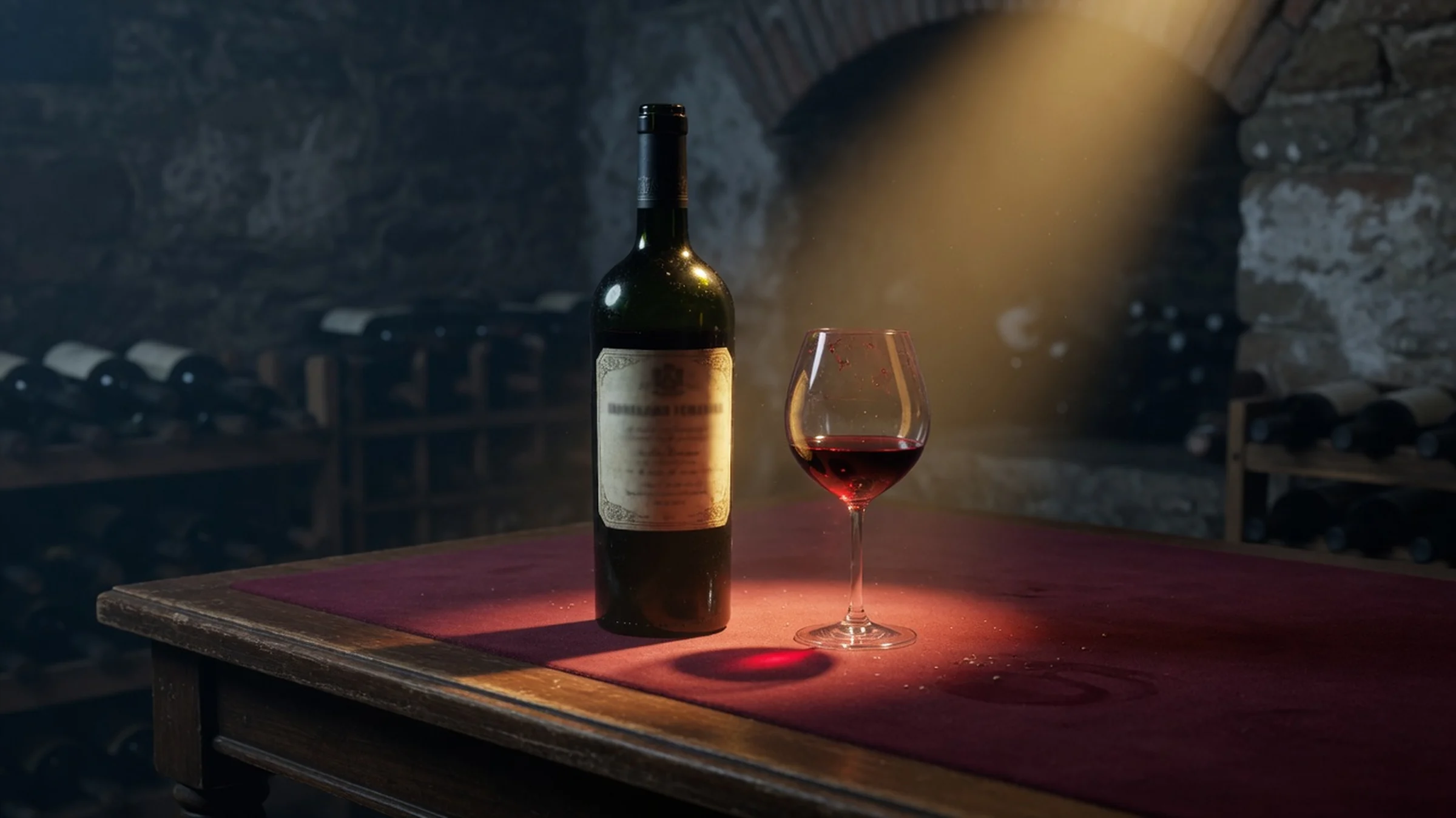 A prestige wine bottle and tasting glass in a private cellar