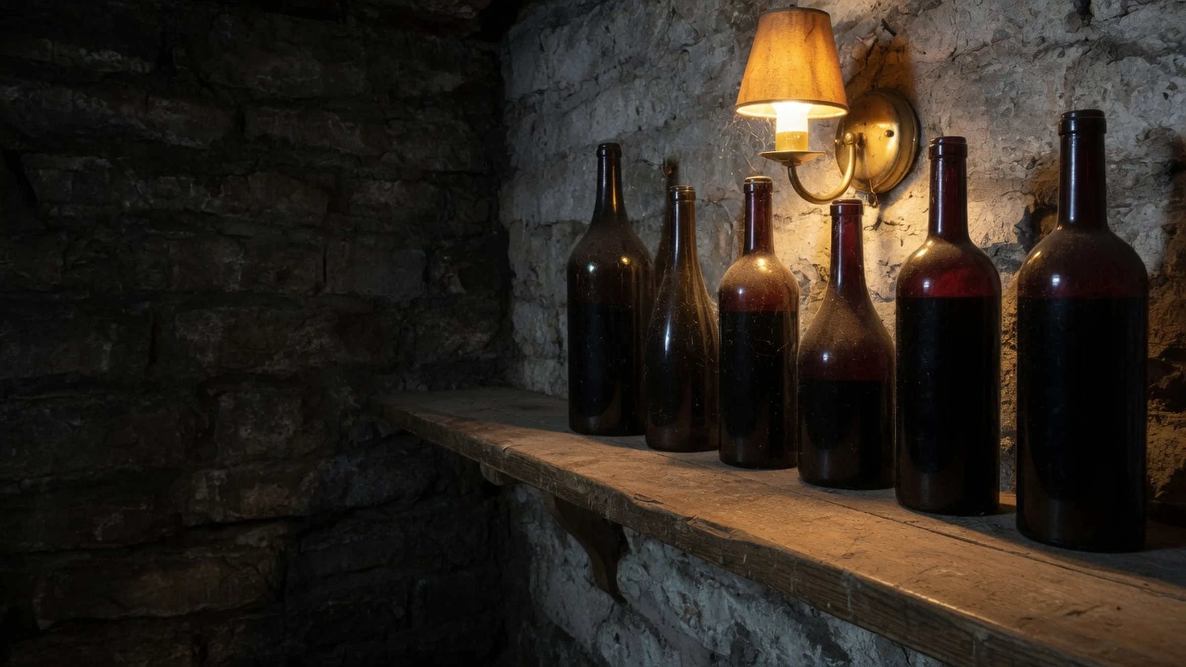 Dark glass wine bottles on an oak shelf in a lamplit cellar