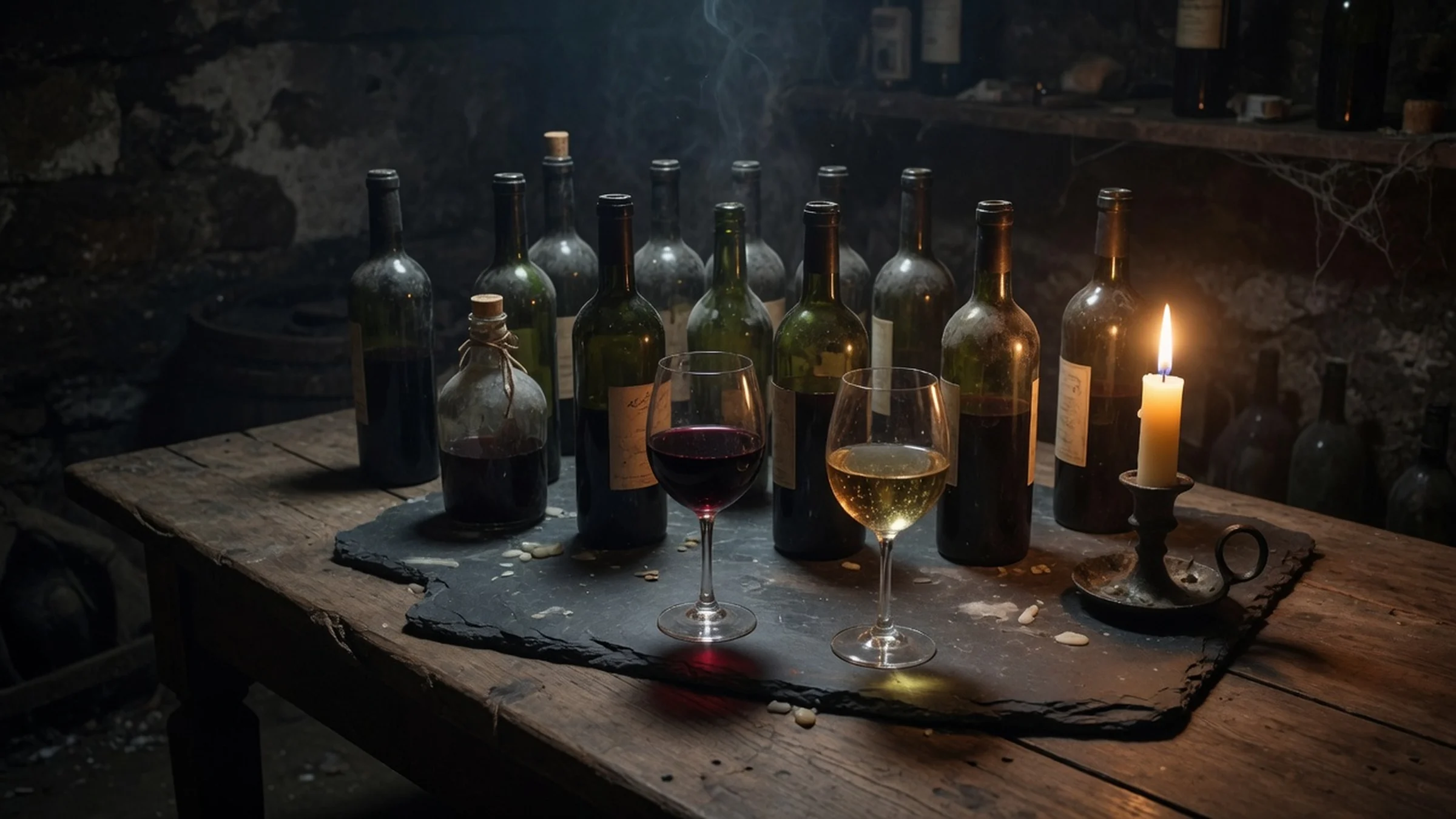 Curated red, white, and sparkling wines in an atmospheric cellar