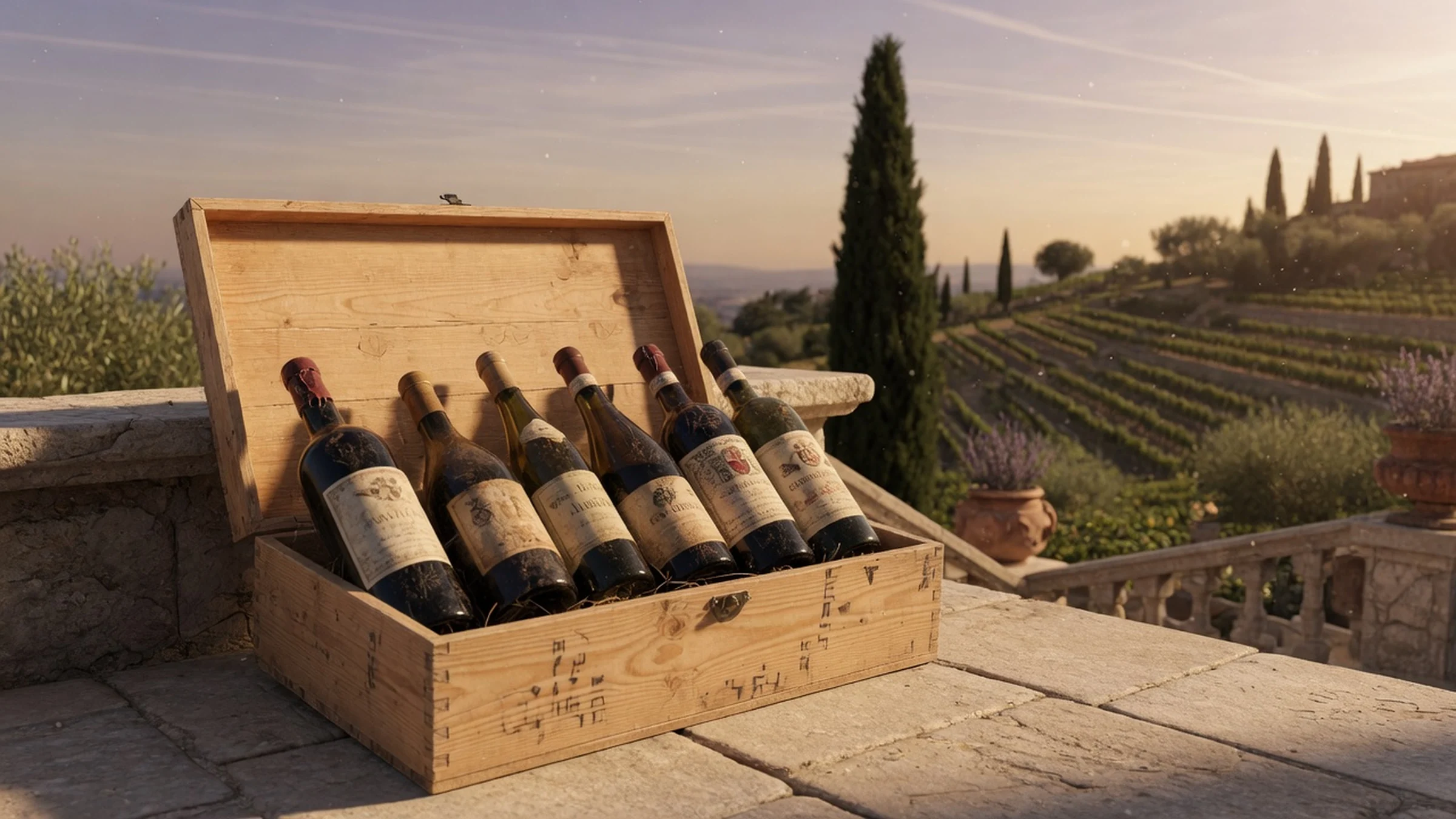 Old-world wine bottles in a wooden case on a sunlit European vineyard terrace