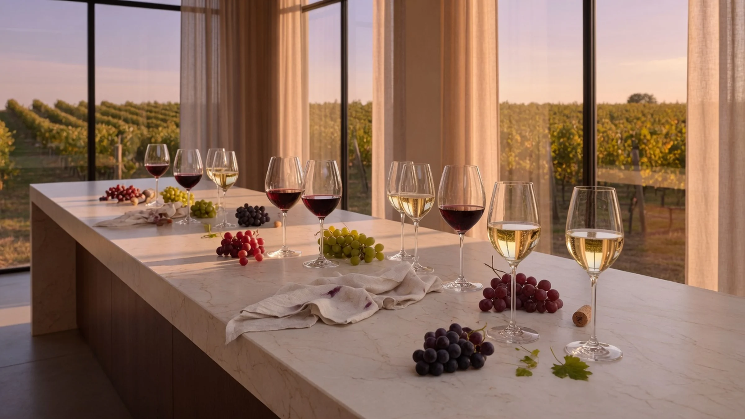 A complete collection of red, white, rose, and sparkling wines on a modern winery tasting counter