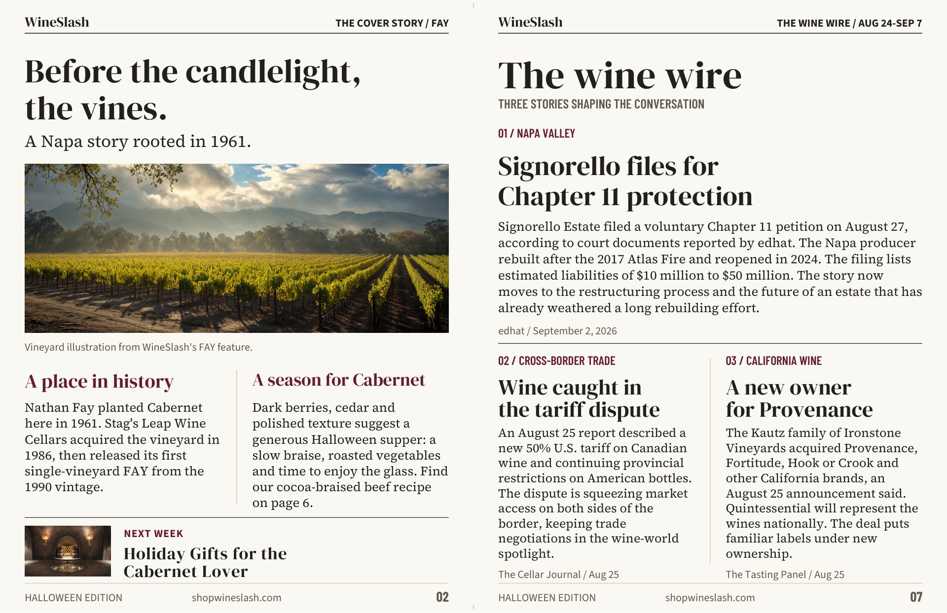 WineSlash Halloween magazine inside spread — Fay vineyard and the wine wire