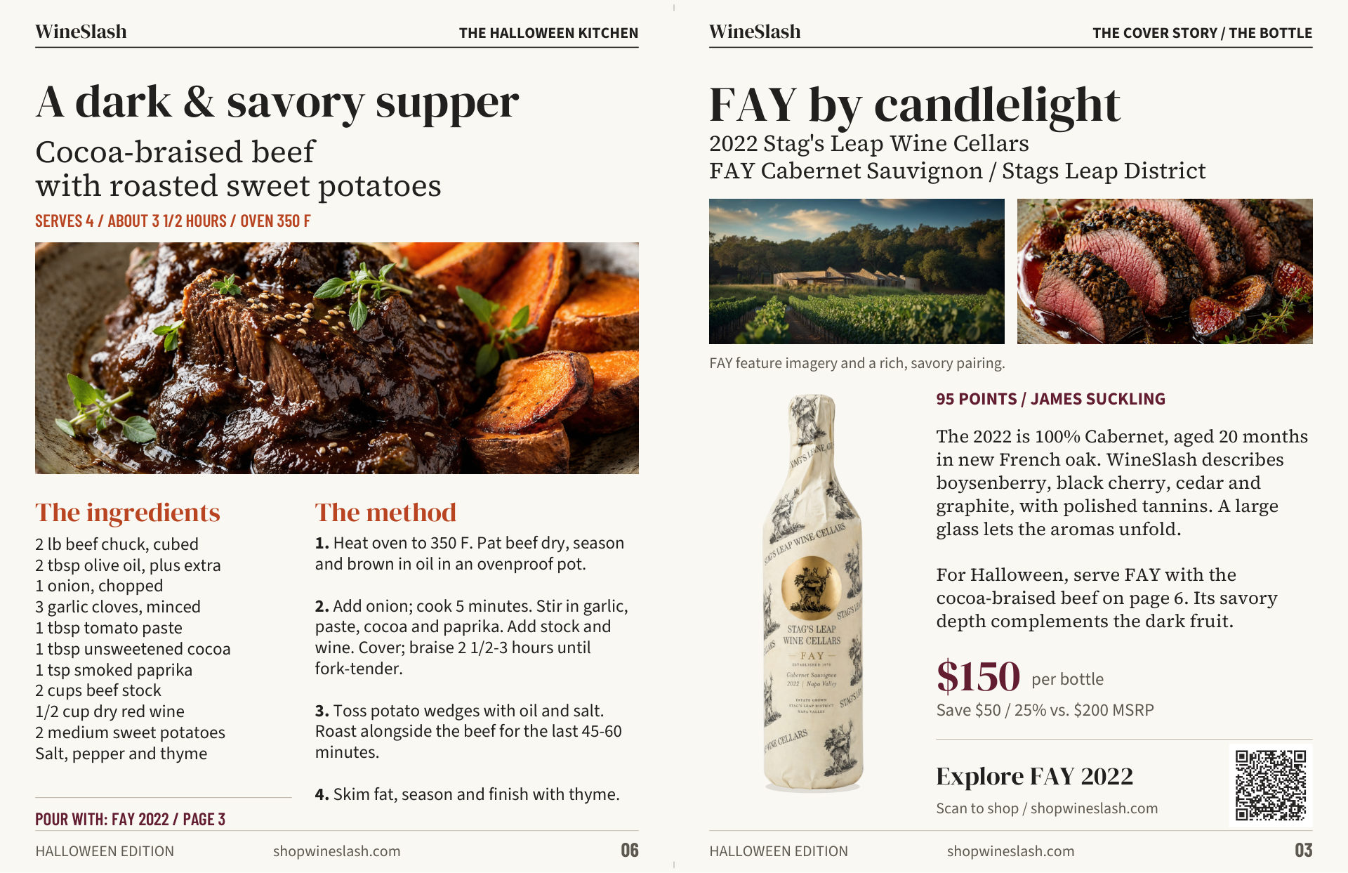 WineSlash Halloween magazine inside spread — cocoa-braised beef and Fay Cabernet