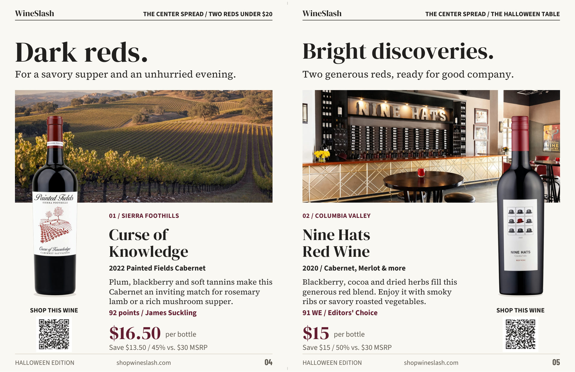 WineSlash Halloween magazine center spread — Painted Fields and Nine Hats