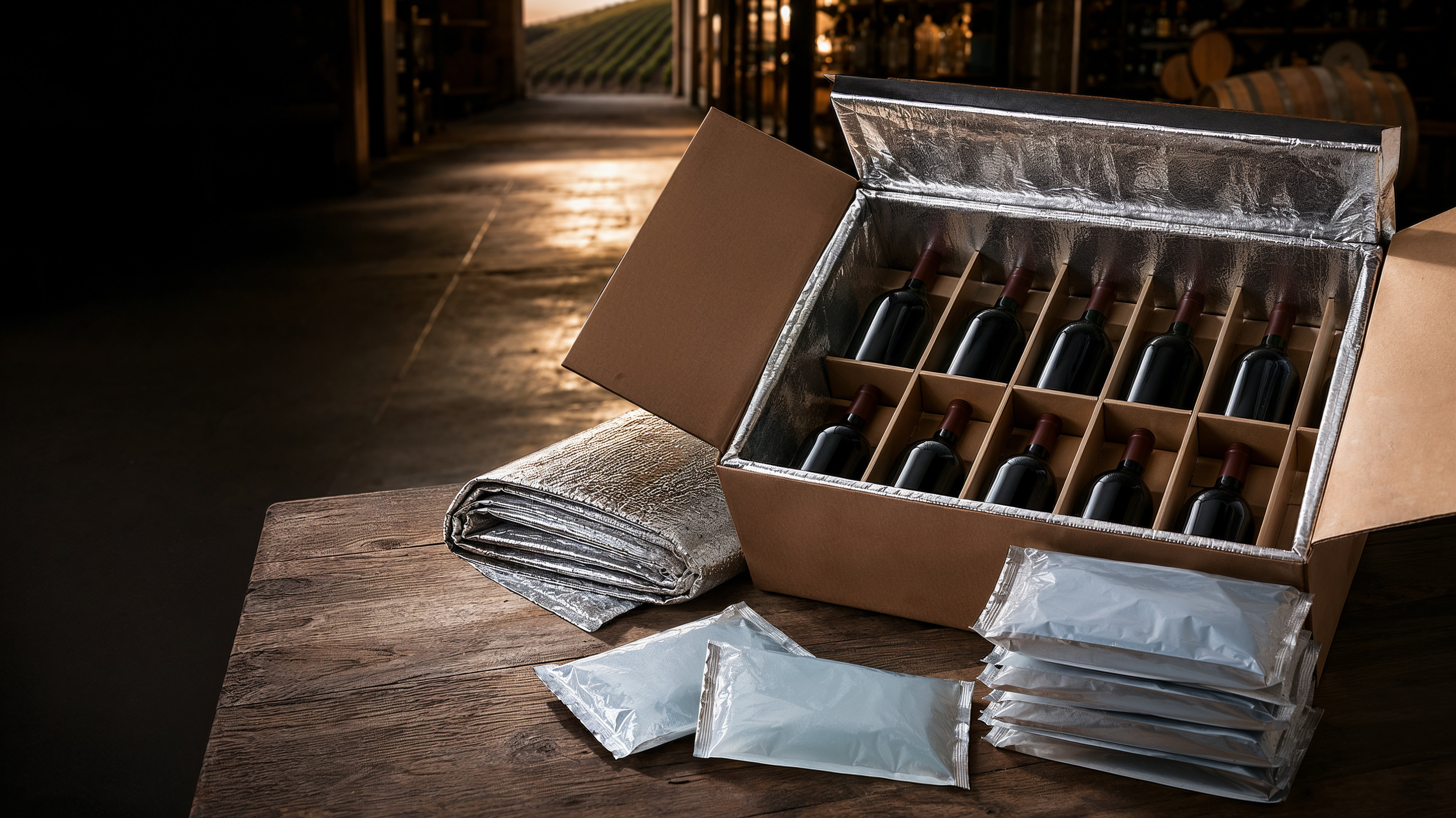 Temperature-safe wine shipment prepared with insulated protection and cooling packs