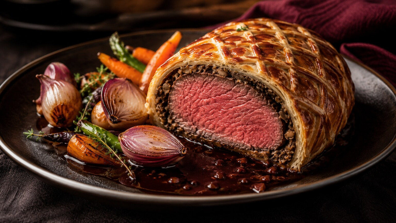 Sliced Beef Wellington with mushroom duxelles and red wine jus