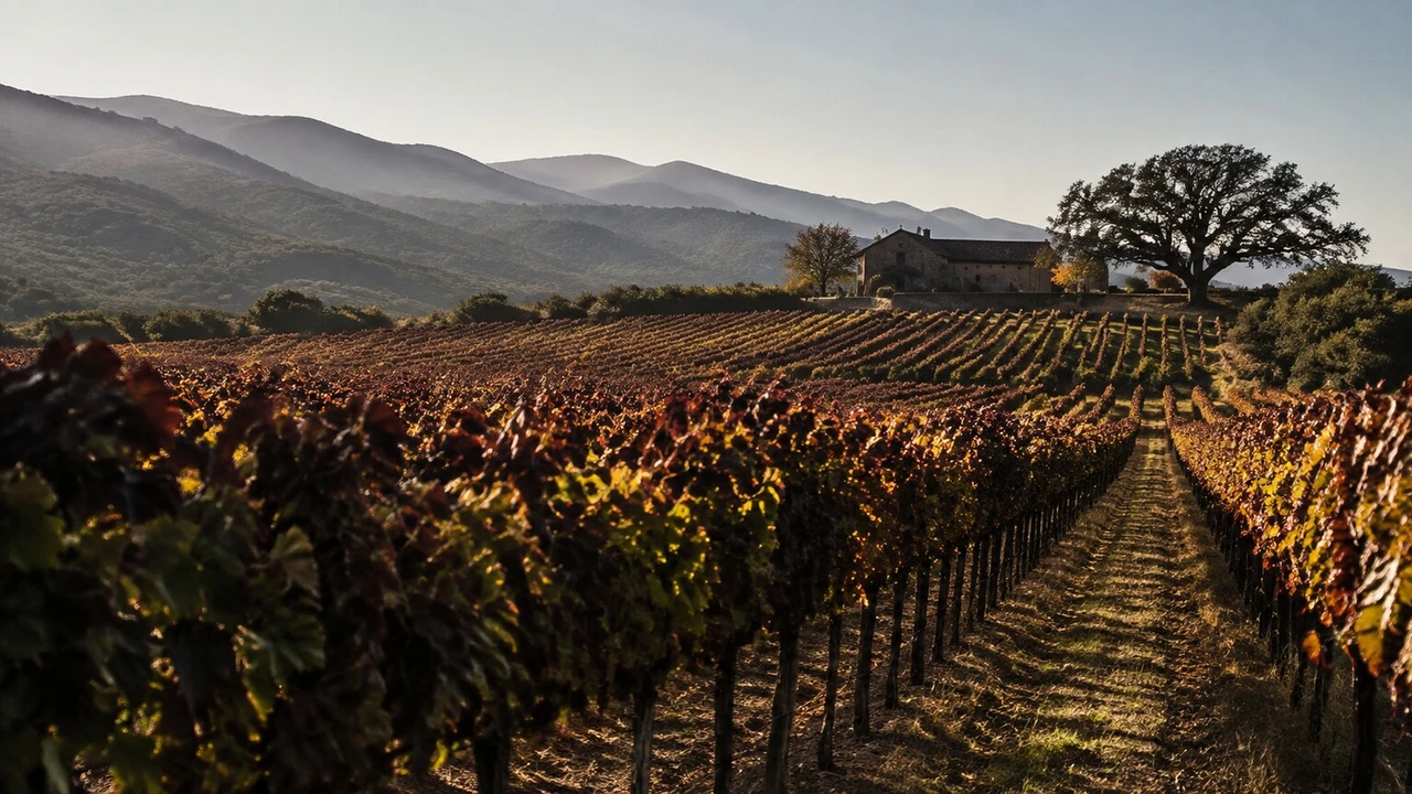 Mature Napa Valley Cabernet rows in autumn beneath mountain haze