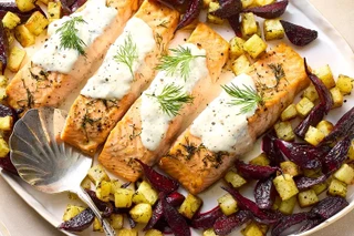 Roasted Salmon, Beets, and Potatoes with Horseradish Cream