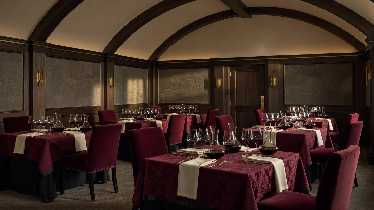Editorial illustration of a refined Napa cellar hospitality scene, not a documentary view